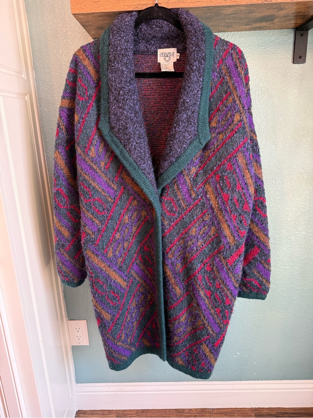Vintage Cervelle Wool Blend Sweater Coat M Colorful Geometric Oversized Cardigan